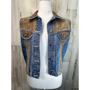 Cache VTG Blue Jean LEATHER Leopard Print Vest Women M 90s Y2K Mob Wife Concerts